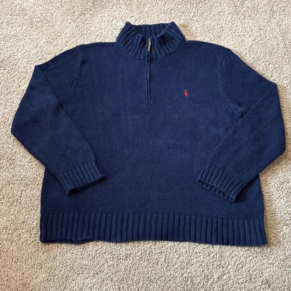 Vintage navy blue polo ralph lauren quarter zip cotton sweater